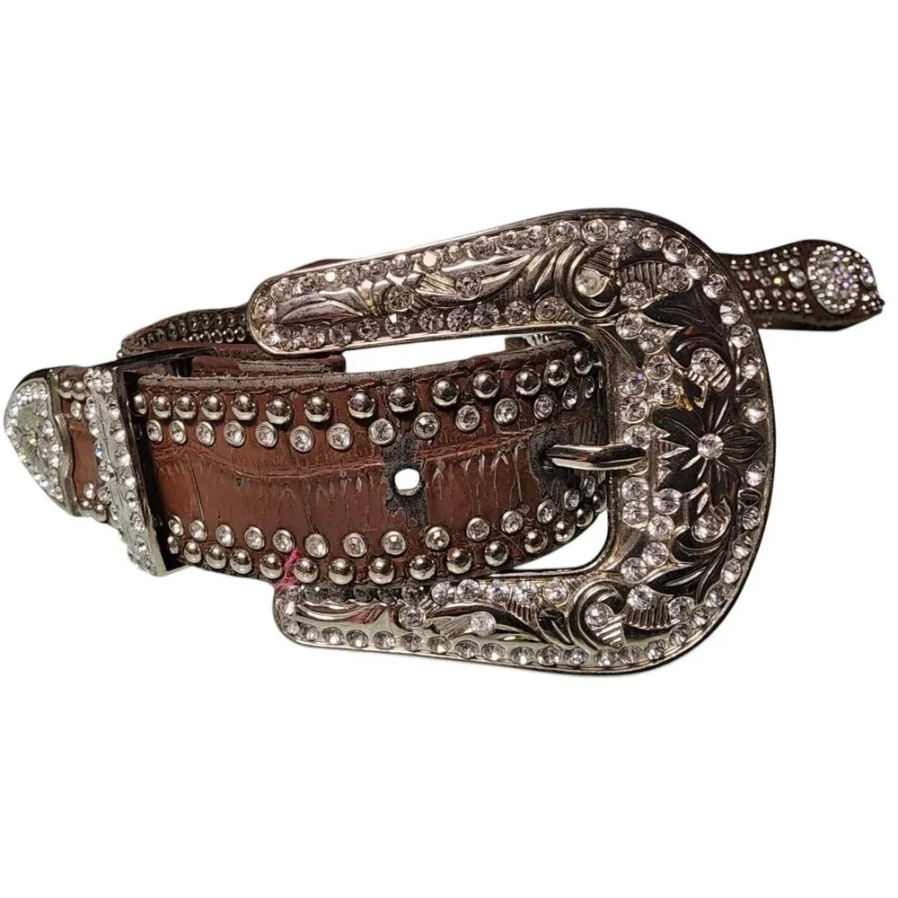 Vintage SPARKLE Leather Rhinestone Concho Belt Length 45
